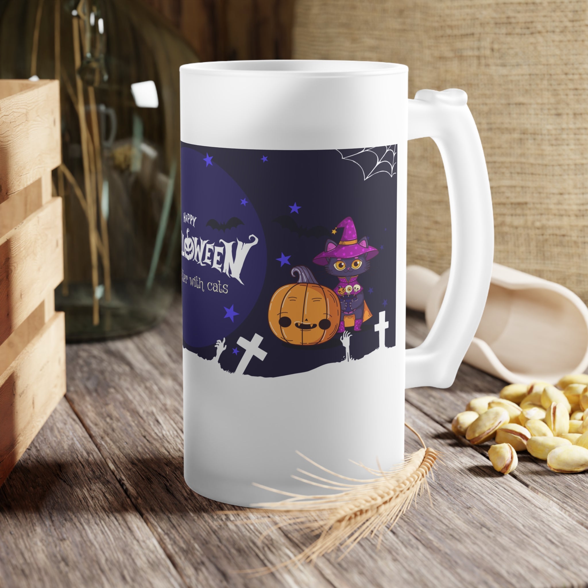 Happy Halloween with Witch's Cats | Frosted Glass Beer Mug